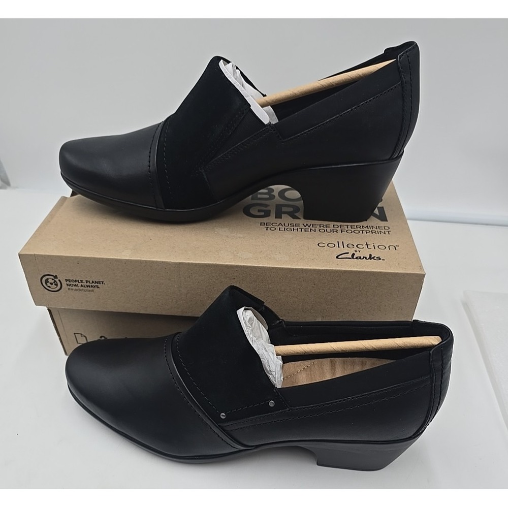NIB Clark's Emily Step‎ Women's US Size 12M Black Leather Shoes Comfort Luxury
